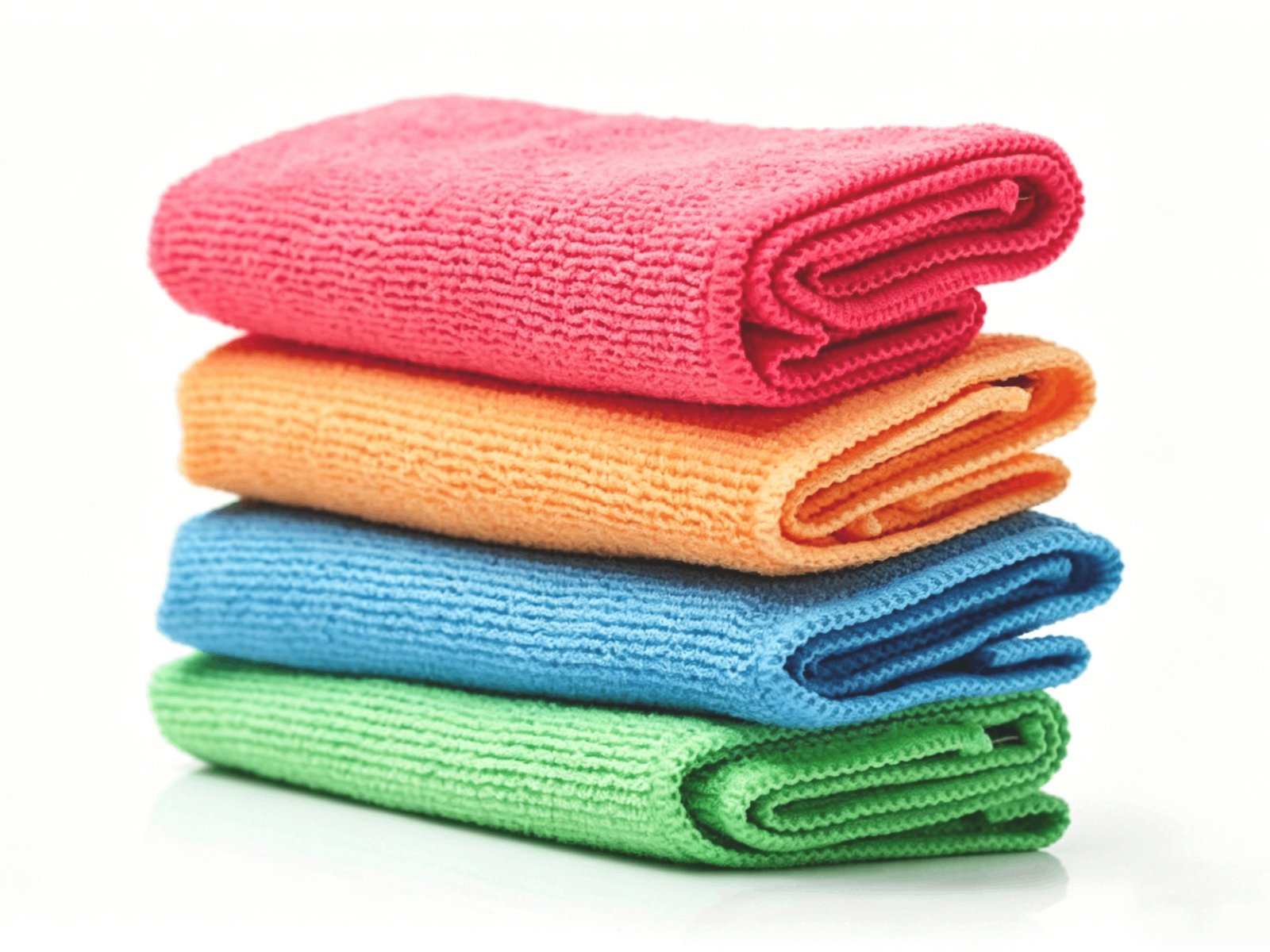 Microfiber cleaning cloths in various colors stacked neatly