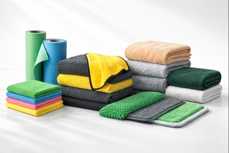 Stack of high-quality microfiber cleaning cloths in soft lighting